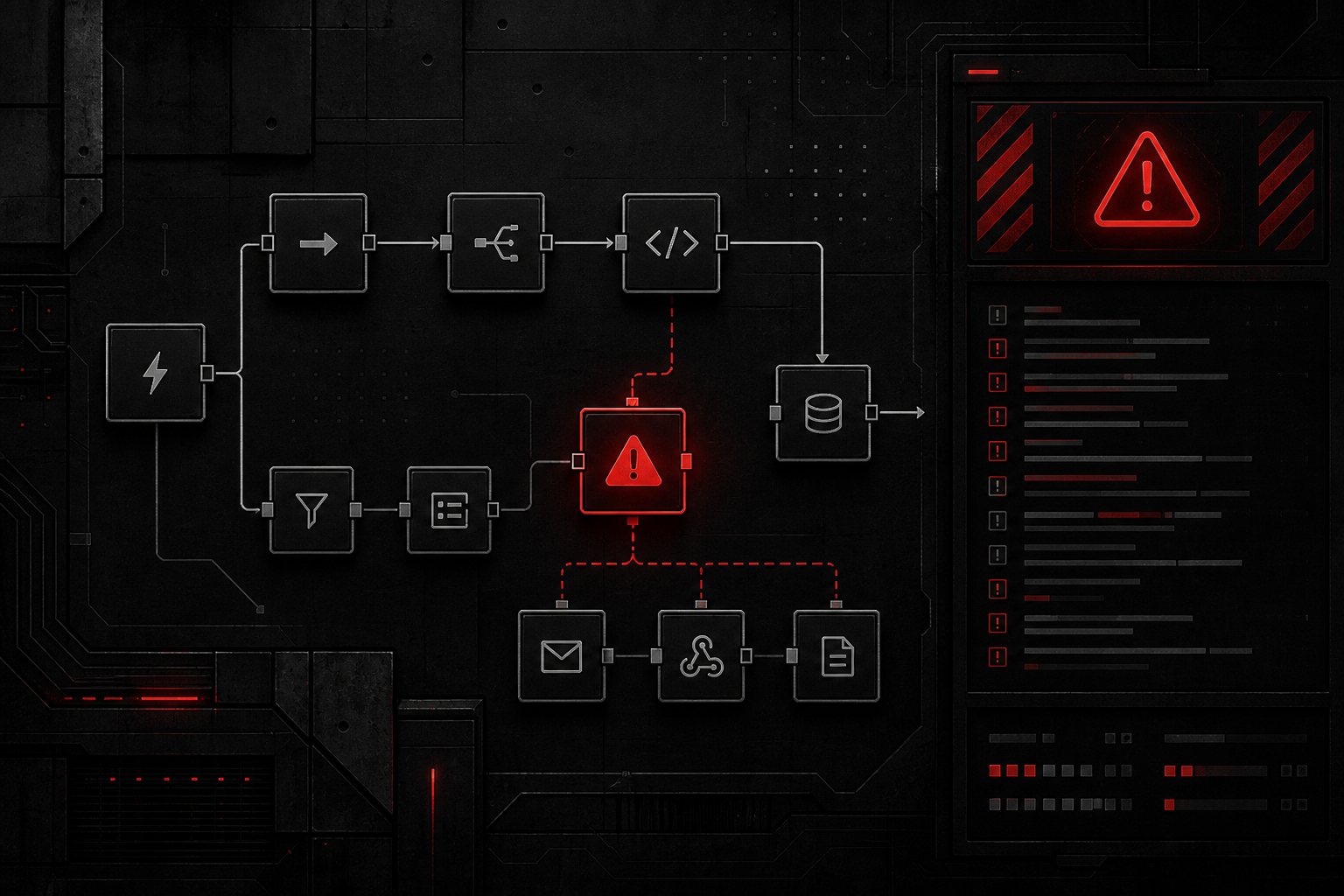 Diagrama técnico de workflow no n8n em fundo escuro com um nó de erro destacado em vermelho, ícones de alerta e logs ao lado, representando monitoramento e falha controlada.