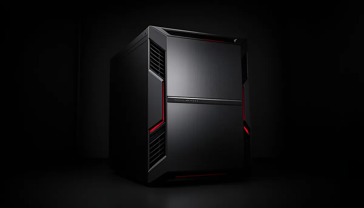 Rack de servidor preto em sala escura, com frente de aço escovado e faixa de status