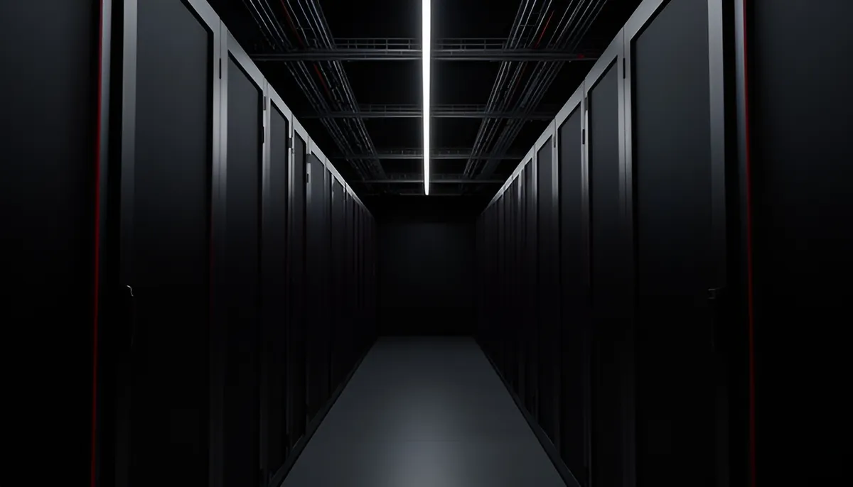 Corredor escuro de servidores com gabinetes pretos e faixas de luz verticais