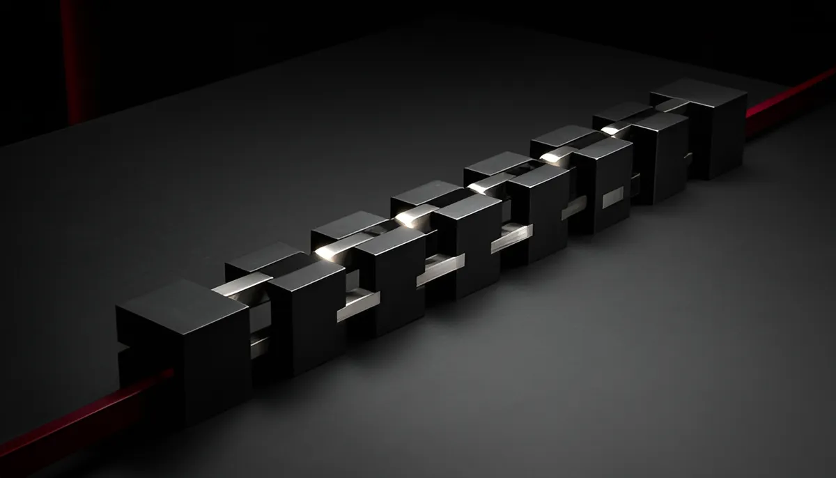 Blocos de metal preto encadeados em linha sobre mesa grafite, representando um workflow
