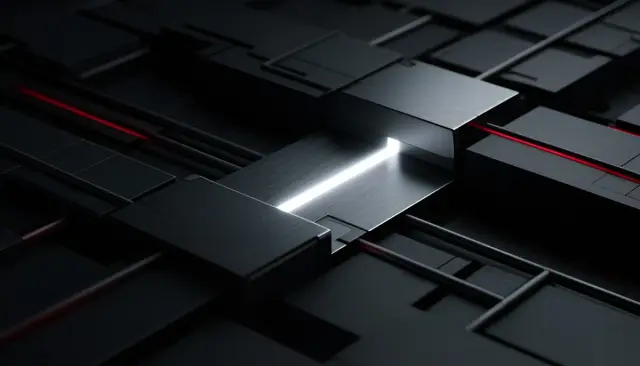 Painel industrial de módulos de metal preto ligados por conduítes retos, com um caminho de luz entre eles