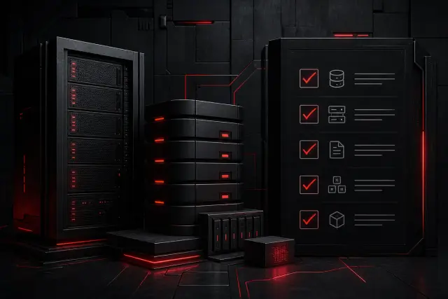 Imagem técnica com servidor, banco de dados e checklist de validação de restauração para backup de site em ambiente separado.