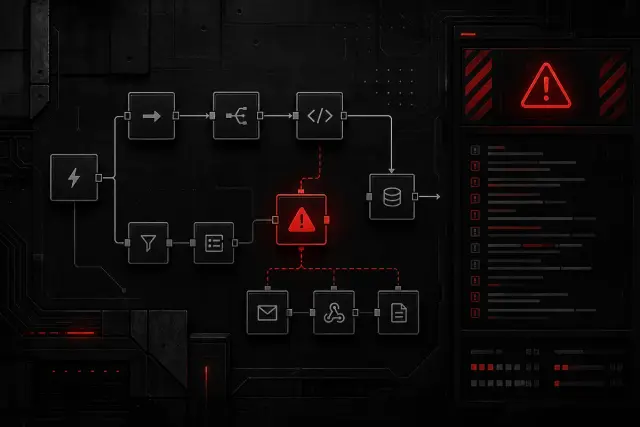 Diagrama técnico de workflow no n8n em fundo escuro com um nó de erro destacado em vermelho, ícones de alerta e logs ao lado, representando monitoramento e falha controlada.
