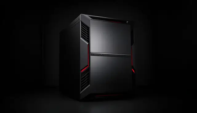 Rack de servidor preto em sala escura, com frente de aço escovado e faixa de status