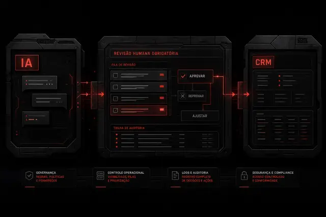 Imagem técnica em estilo corporativo escuro mostrando um fluxo de atendimento com IA à esquerda, fila de revisão humana no centro e CRM à direita, com aprovação antes do envio e controle operacional.