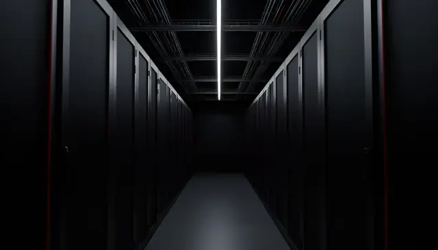 Corredor escuro de servidores com gabinetes pretos e faixas de luz verticais
