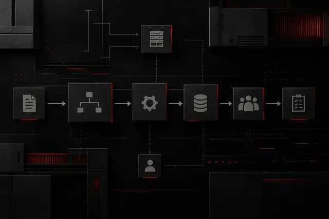 Imagem editorial com fluxo operacional abstrato, setas entre caixas de processo e ícones discretos de sistemas e pessoas em estilo técnico e limpo.
