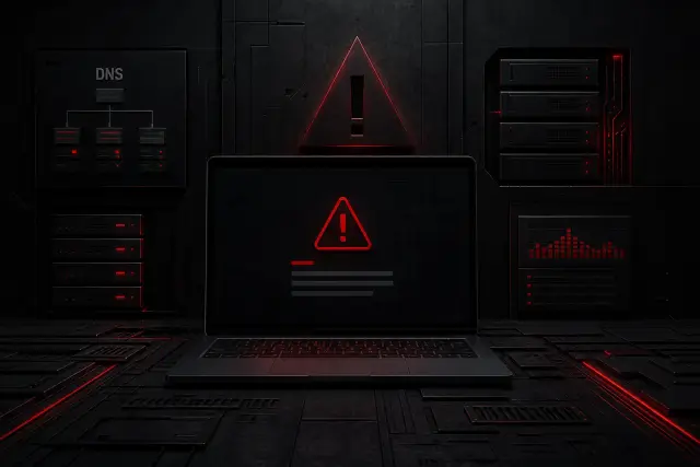 Notebook exibindo tela de indisponibilidade com ícone de alerta e elementos técnicos discretos de DNS, servidor e monitoramento em fundo escuro.